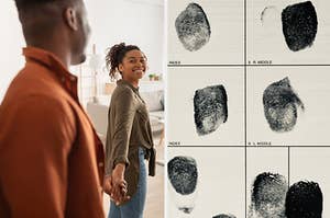 Woman leads boyfriend into living room versus fingerprints
