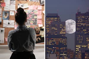 Detective looking at evidence versus moon between city buildings