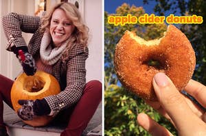 On the left, Kate McKinnon carving a pumpkin on a porch in an SNL sketch, and on the right, someone holding up an apple cider donut