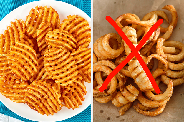 On the left, some waffle fries, and on the right, some curly fries with an x drawn over them