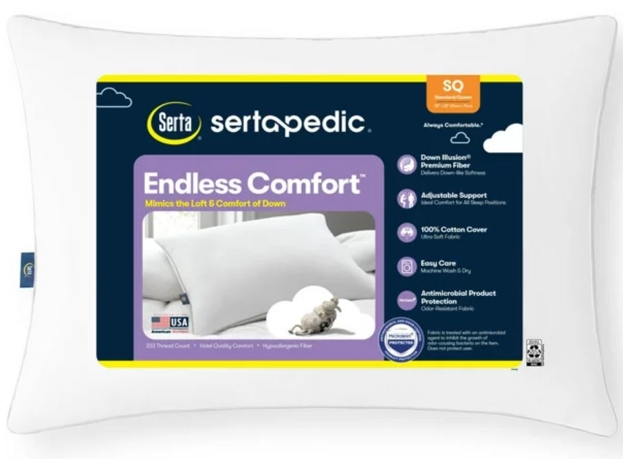 white sertapedic bed pillow in packaging