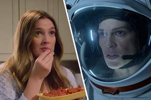 Drew Barrymore eating meat and Hillary Swank in space.