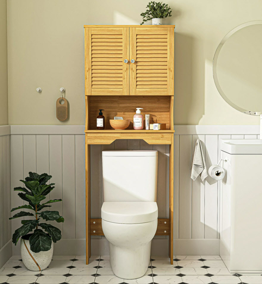 bamboo style over the toilet storage unit with two doors