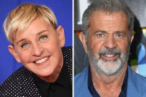Ellen DeGeneres smiles vs Mel Gibson poses for a photo