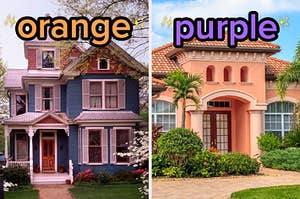 On the left, a Victorian style house labeled orange, and on the right, a Spanish style house labeled purple