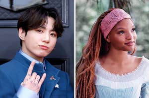 jungkook on the left and halle bailey in the little mermaid