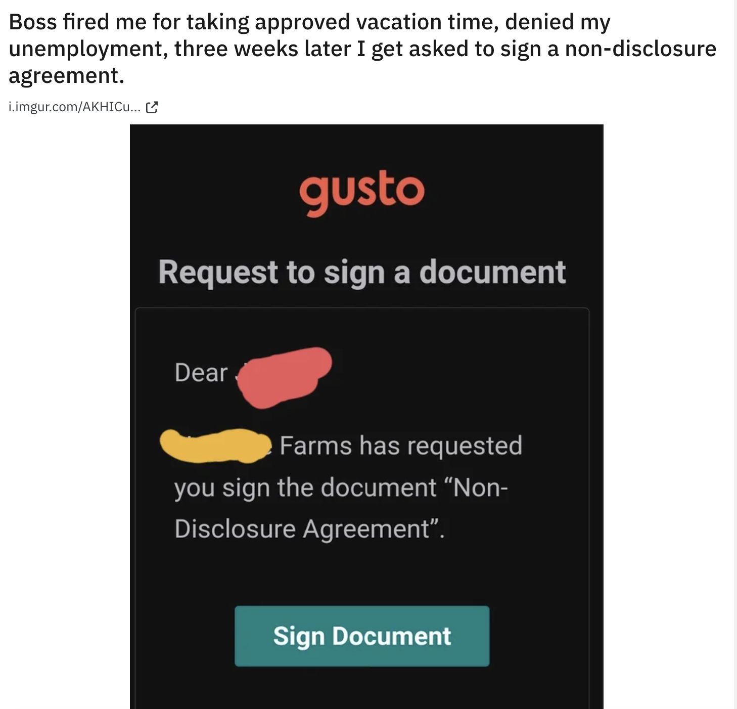 &quot;Farms has requested you sign the document&quot;