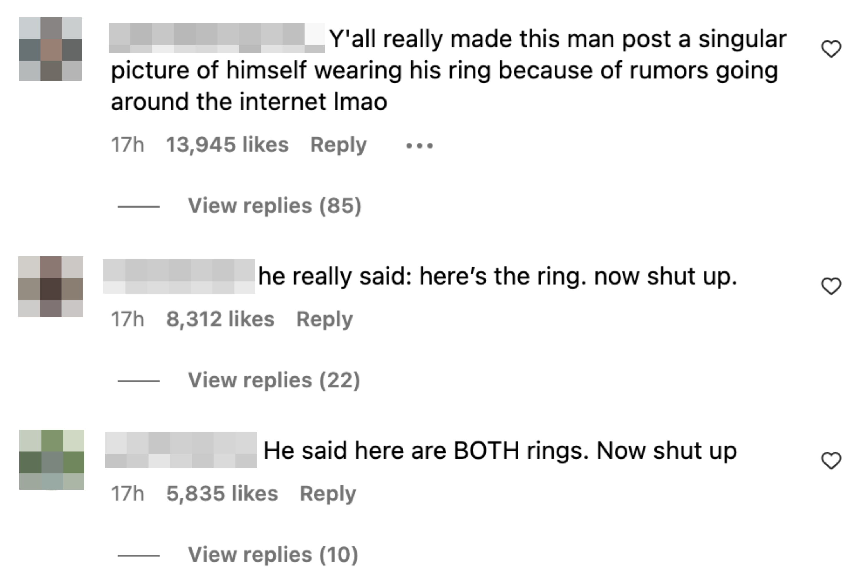 Screenshot of Instagram comments. One person said, &quot;Y&#x27;all really made this man post a singular picture of himself wearing his ring because of rumors going around the internet lmao&quot;