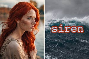 A red-haired woman and the ocean.