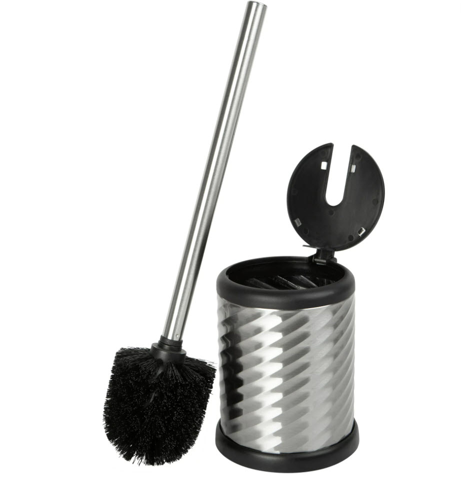 silver and black toilet brush set