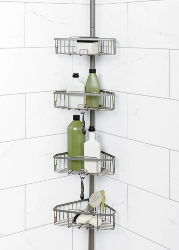grey corner shower caddy with four shelves