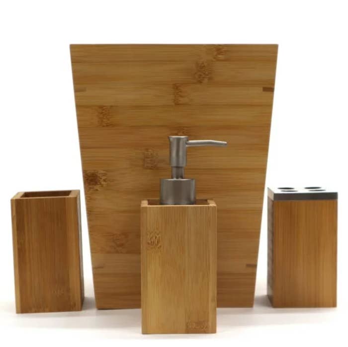 wooden bathroom toilet brush holder and accessory set