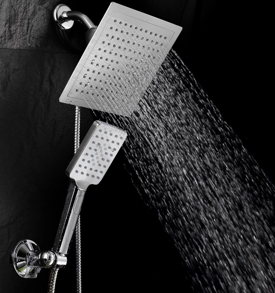 square waterfall showerhead and a small handle showerhead