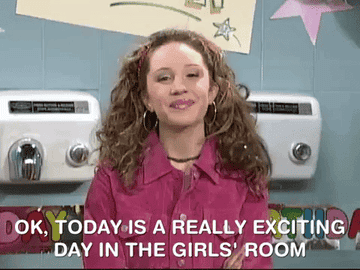 Gif of Amanda Bynes in &quot;The Girls Room&quot; sketch saying &quot;OK today is a really exciting day in the girls&#x27; room because we&#x27;re celebrating&quot;