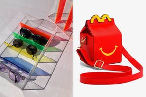 on left: colorful retro-style sunglasses holder. on right: Happy Meal-shaped handbag