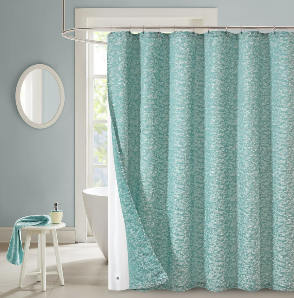 bright teal shower curtain with a white liner