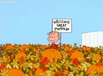 Charlie brown holding a sign in a pumpkin patch that reads &quot;welcome great pumpkin&quot;