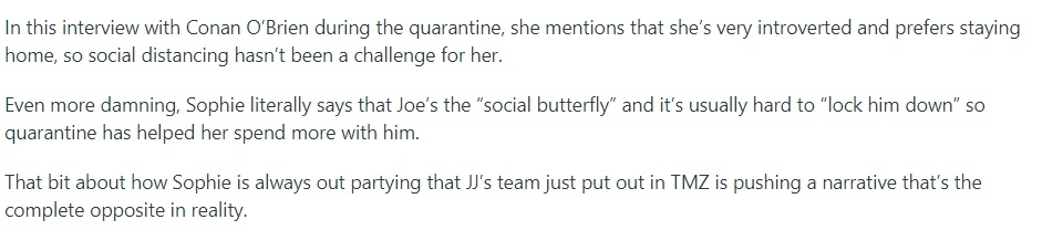 &quot;That bit about how Sophie is always out partying that JJ’s team just put out in TMZ is pushing a narrative that’s the complete opposite in reality,&quot;