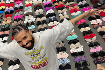 drake poses in front of bras