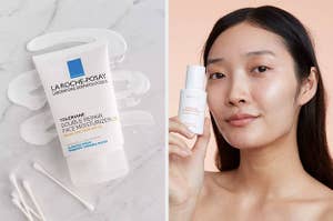 on left: container of la roche-posay double repair face moisturizer. on right: model holding container of glass skin refining serum