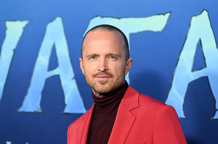 A closeup of Aaron Paul on the red carpet in a blazer and turtleneck
