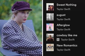 On the left, Taylor Swift wearing a chic newsboy cap and patterned jacket, and on the right, a Taylor Swift Spotify playlist