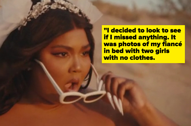 shocked lizzo meme with caption "I decided to look at the videos to see if I missed anything. It was photos of my fiance in bed with two girls with no clothes"