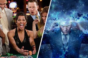 a woman winning at a casino and a man using psychic powers to blow your mind