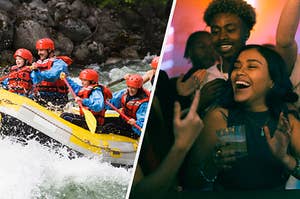 A group whitewater rafting and a group partying 
