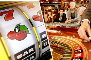 A slot machine and a roulette table