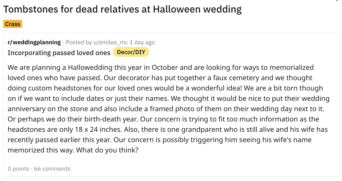 &quot;Tombs for dead relatives at Halloween wedding&quot;