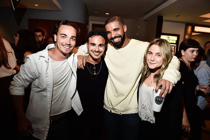 Drake (3rd from L) poses with &quot;Degrassi&quot; co-stars Daniel Clark, Adamo Ruggiero and Lauren Collins at the screening of &quot;We Are Disorderly&quot; held at the Royal Cinema on August 5, 2015 in Toronto, Canada.