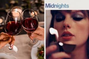 two wine glasses toasting on the left and the midnights album cover on the right