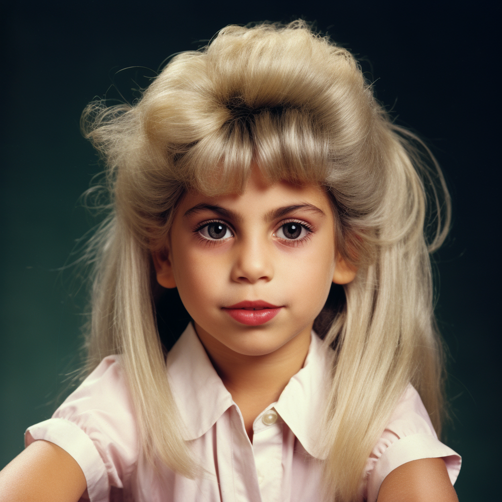 A young girl with large eyes, a light complexion, dark eyebrows, and a bouffant, light blonde updo with dark roots and long, straight sides