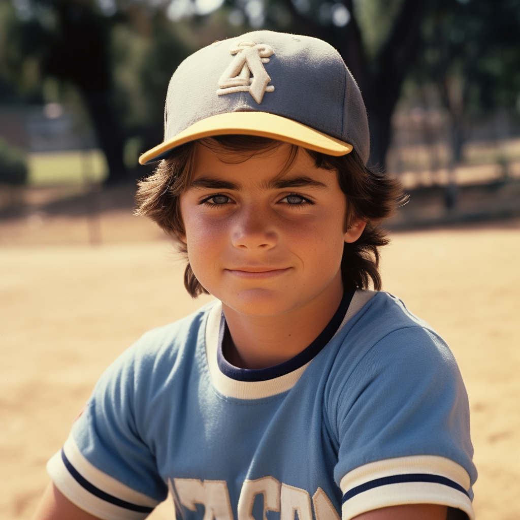 A slightly smiling young boy with a ruddy complexion and wavy brunette hair and wearing a cap and baseball shirt