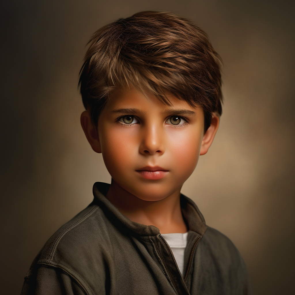 A young boy with a ruddy complexion, a full head of short, straight brunette hair,  and bangs