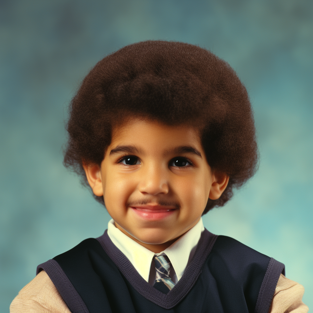 A smiling young boy with a medium complexion, a full, fluffy Afro, thick, dark eyebrows, and a mustache, wearing a vest and tie