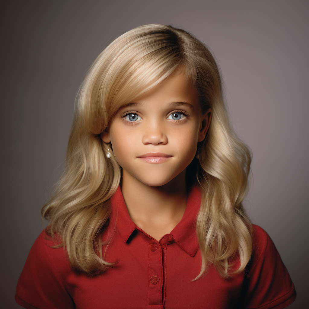 A young girl with a light complexion, blue eyes, and long, wavy blonde hair