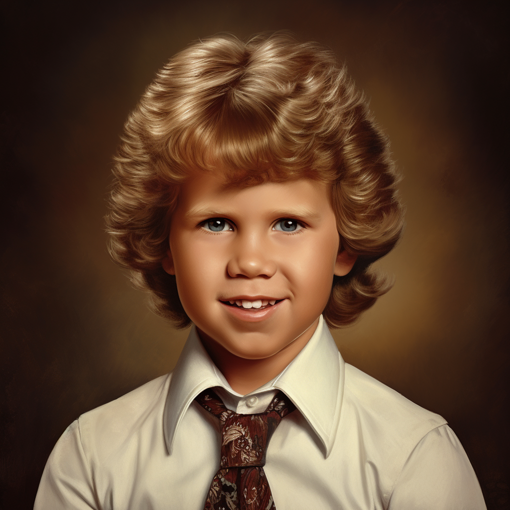 A young boy with a light complexion, short, curly, light brown hair, light eyebrows, and blue eyes and wearing a shirt and tie