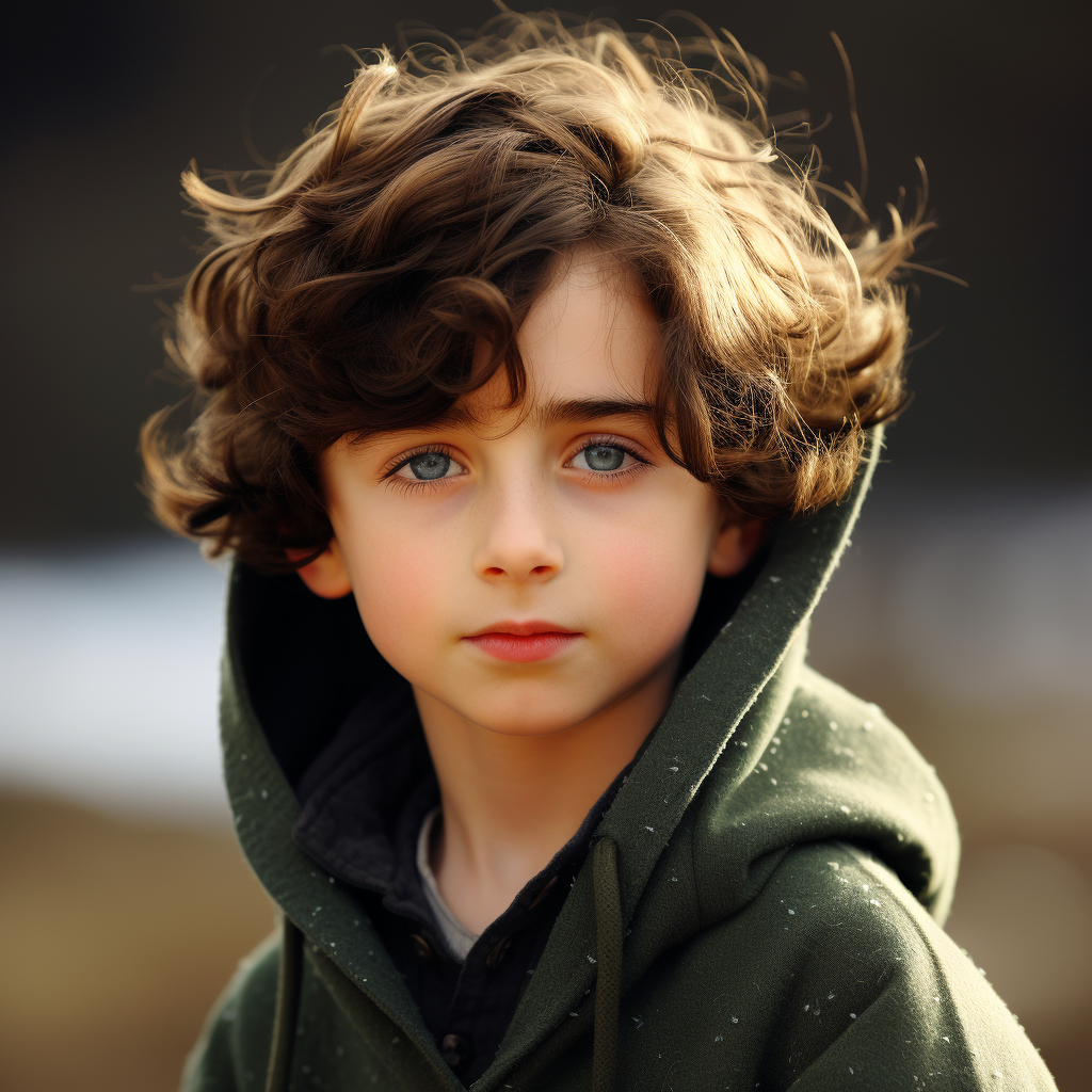 A young boy with blue-green eyes, reddish cheeks, and a full head of curly brunette hair and wearing a hoodie
