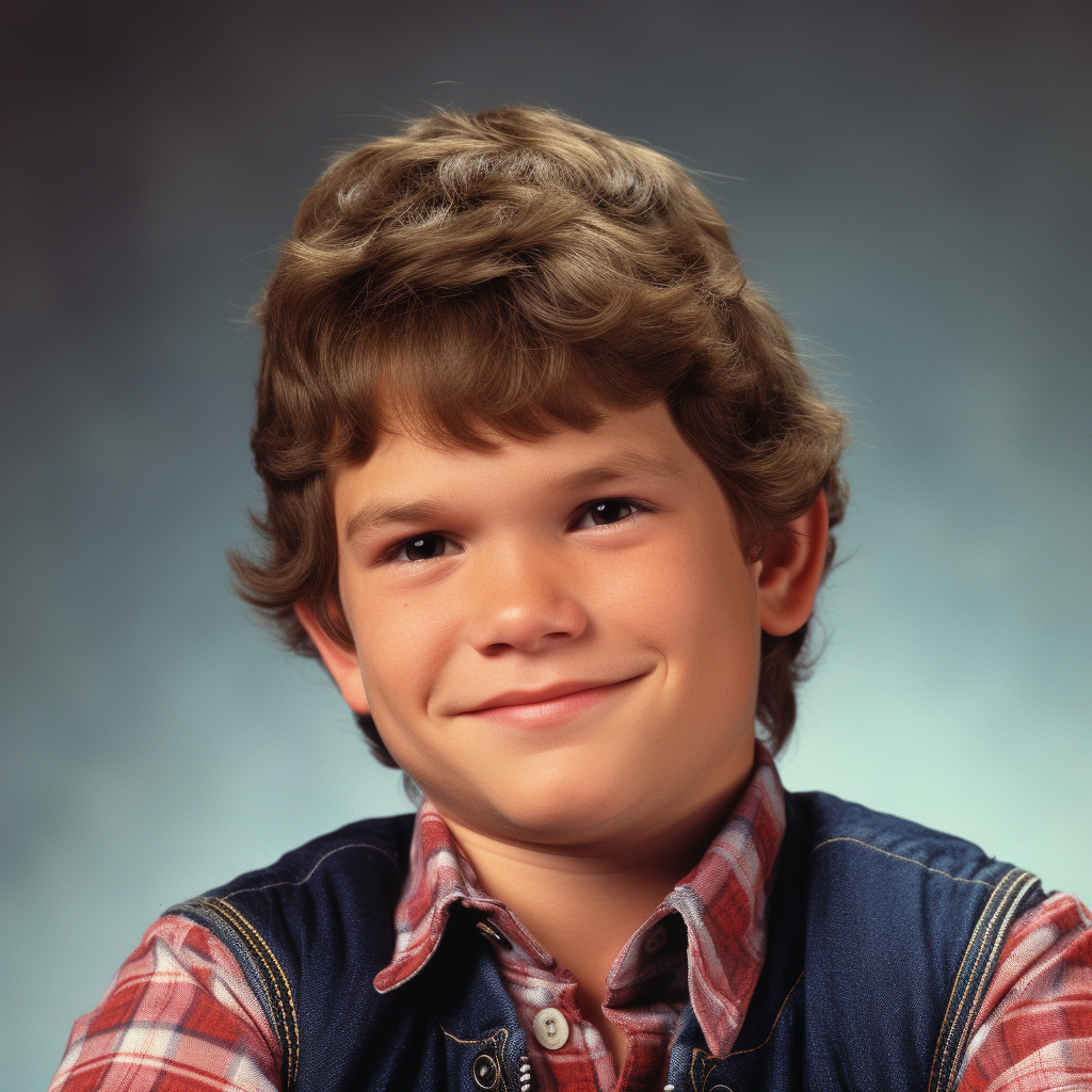 A smiling young man with a ruddy complexion, bangs, and short, wavy brunette hair, wearing a plaid top and denim jacket