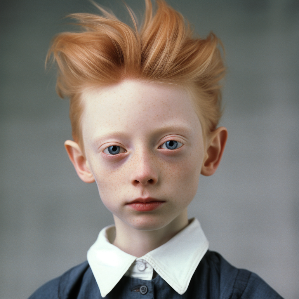 A young child with blue eyes, a pale complexion, and no eyelashes and straight, reddish-blonde hair