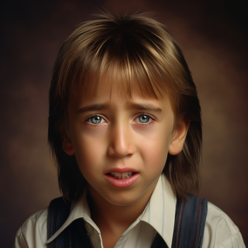 A sad-looking young boy with a light complexion, blue eyes, and straight shoulder-length, light brown hair with bangs