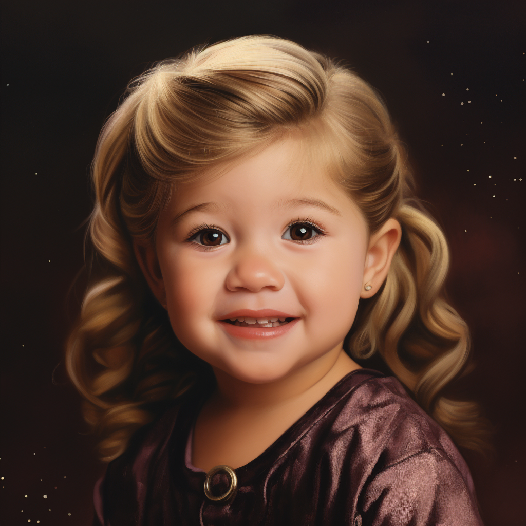 A smiling young girl with a light complexion and long, wavy blonde hair
