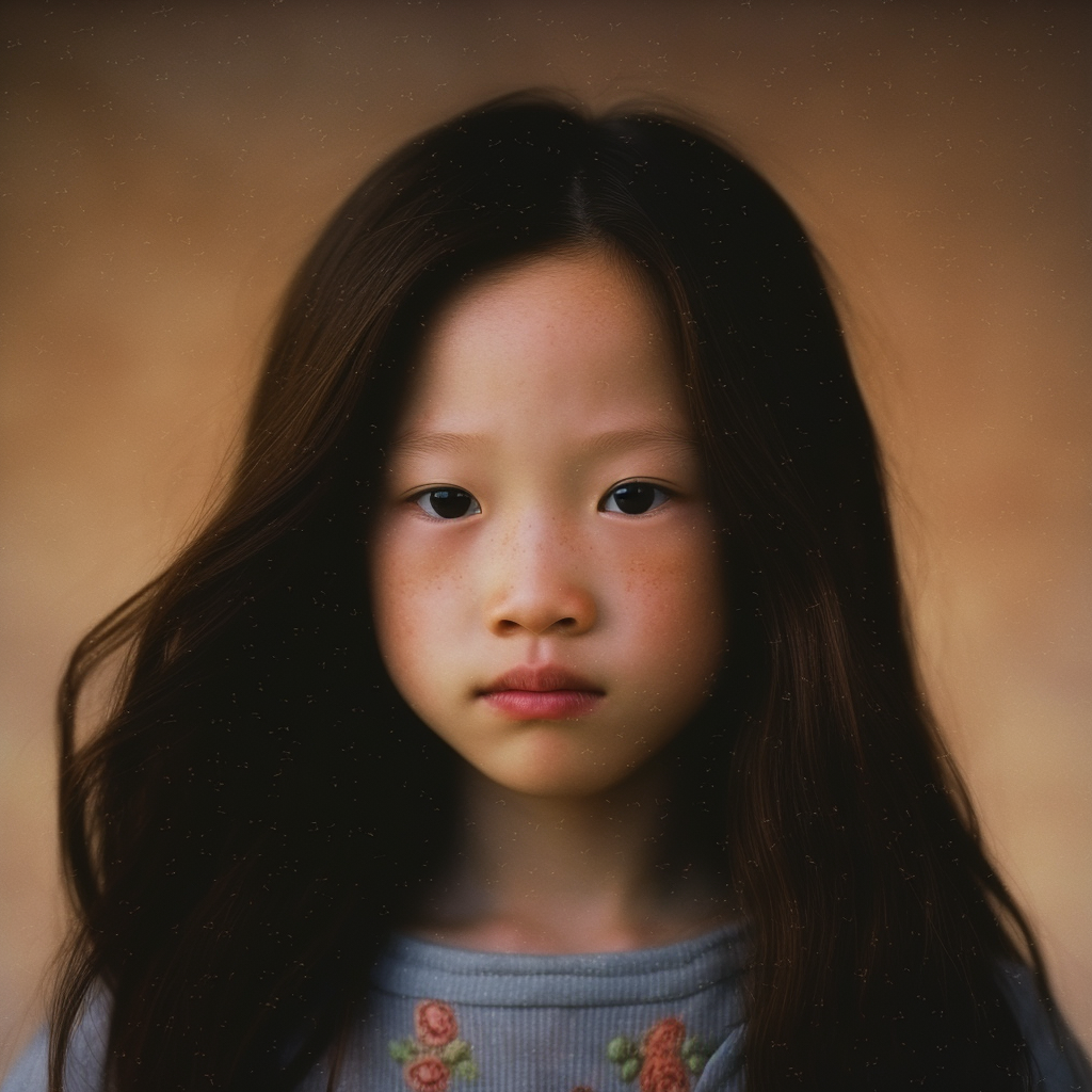 A young, serious-looking Asian girl with a light complexion and long, straight brunette hair