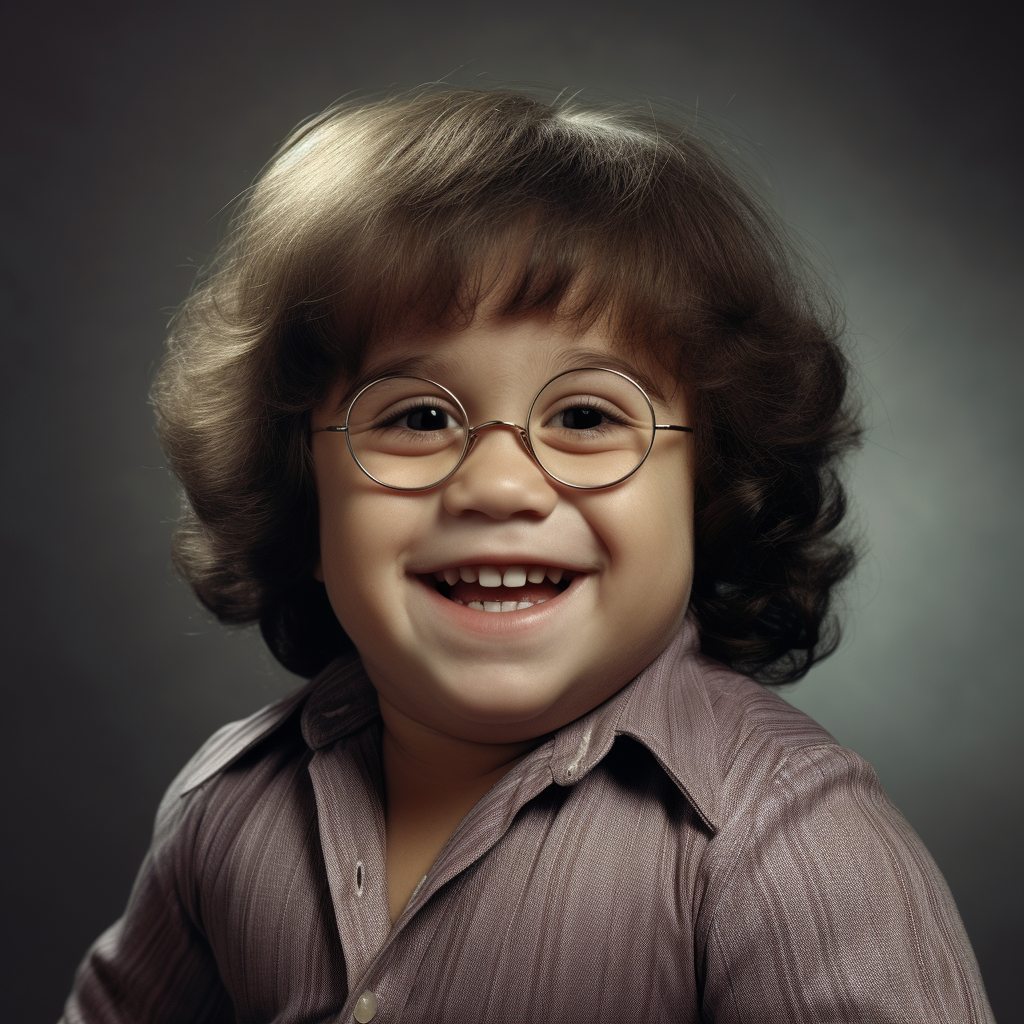 A smiling, bespectacled child with a light complexion, a full head of curly brunette hair, and bangs