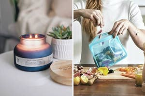 on left: lit blue fern and citrus candle. on right: blue Stasher bag with fruit and veggies