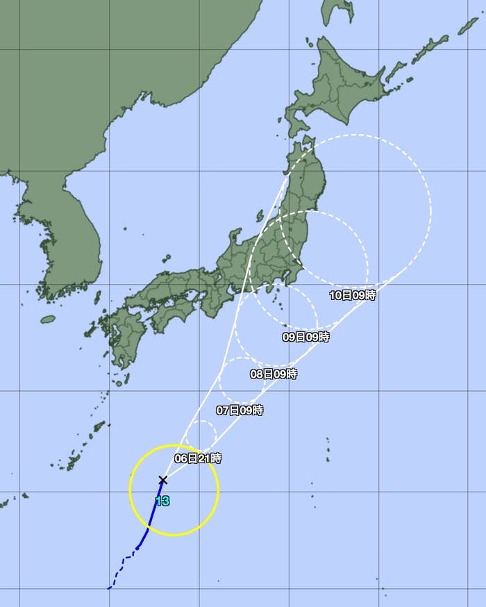 9月6日午前9時現在の台風13号の予報円（気象庁公式サイトより）