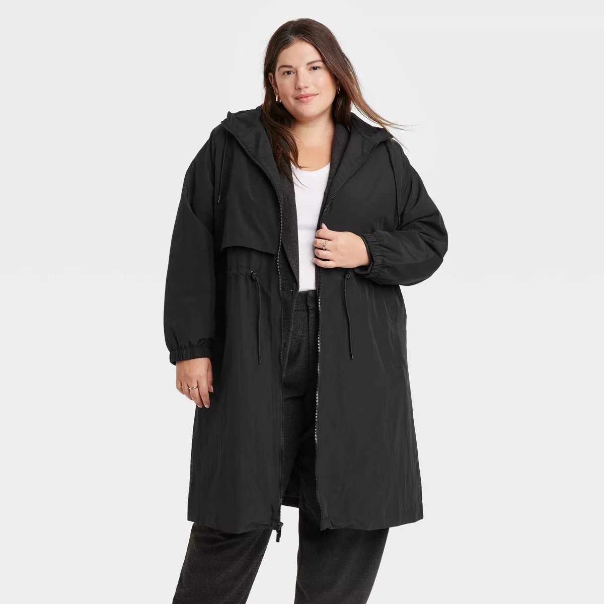 long black raincoat on model