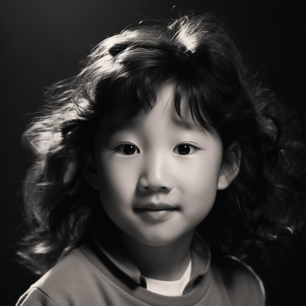 A young Asian girl with a light complexion and shoulder-length, curly brunette hair